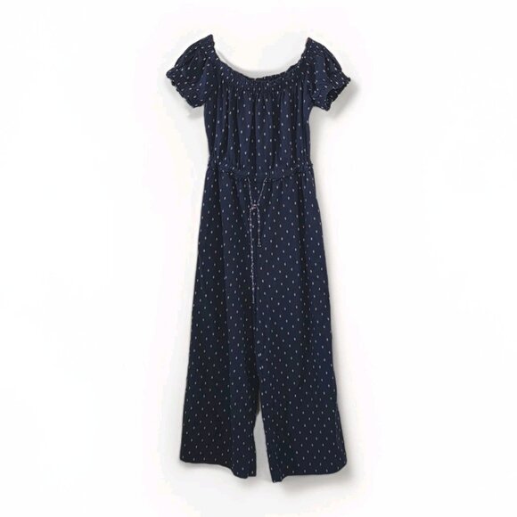 Anthropologie Romper Womens S Navy Geo Pattern Wide Leg Square Neck Ruffle Boho - Picture 16 of 16